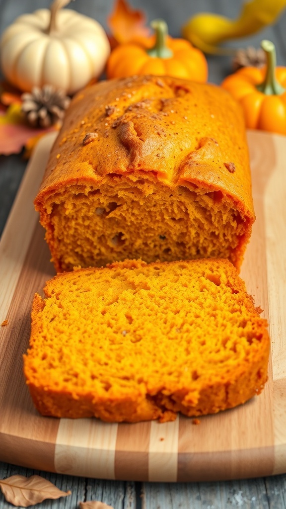 Sliced pumpkin bread on a wooden board with autumn decorations.